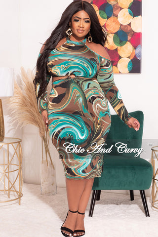 Final Sale Plus Size Cold Shoulder BodyCon with Side Cutout, Open Back and Side Slit in Brown and Turquoise