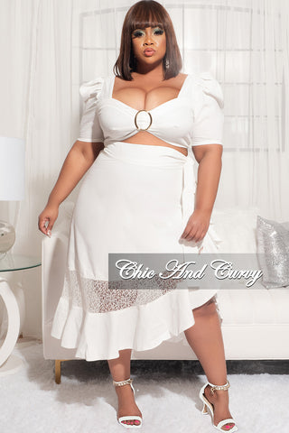 Final Sale Plus Size 2pc Crop Top and High Waist Ruffle Contrast Lace Skirt in Ivory