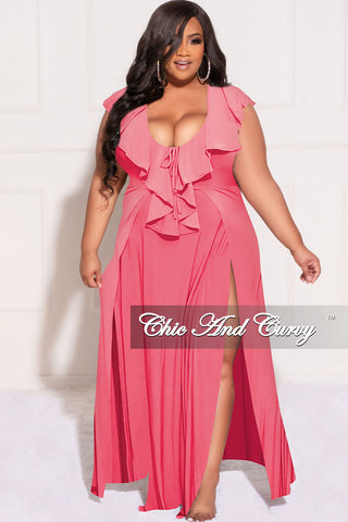 Final Sale Plus Size Sundress Maxi Dress with Double Slits in Coral