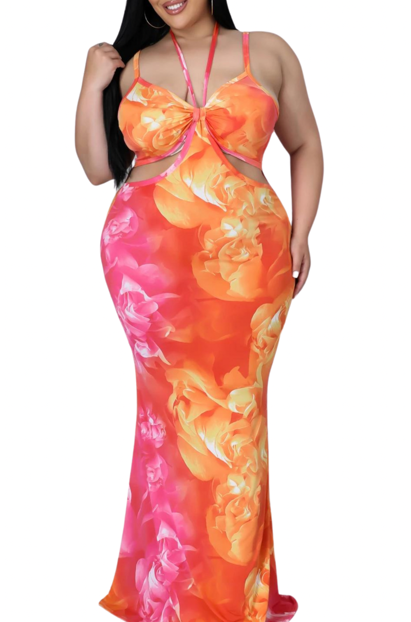Final Sale Plus Size Maxi Dress with Cut Outs in Orange & Pink Print Summer
