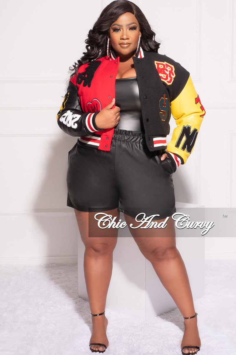 *Final Sale Plus Size Varsity Jacket with Patches in Black Red and Yellow