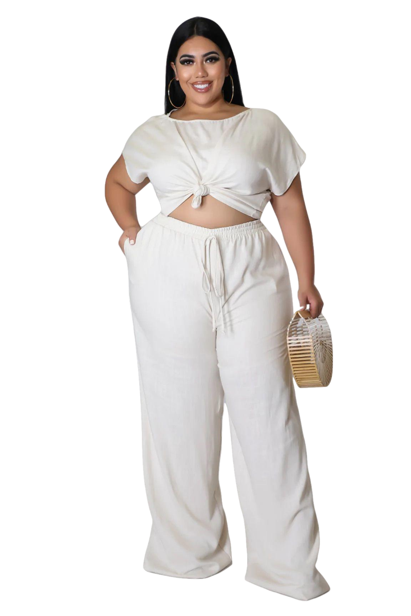 Final Sale Plus Size 2pc Crop Top and Pants Set in Oatmeal