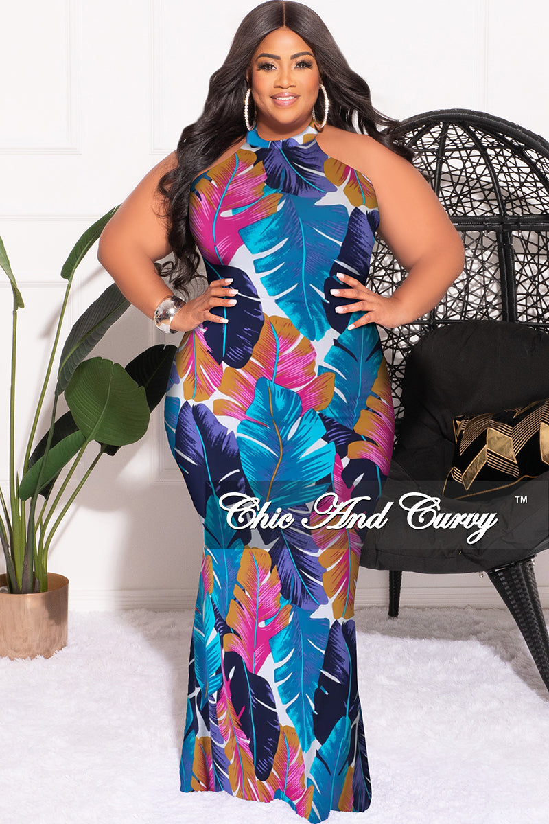 Final Sale Plus Size Halter Neck Sleeveless Mermaid Dress in Blue and Fuchsia Leaf Print