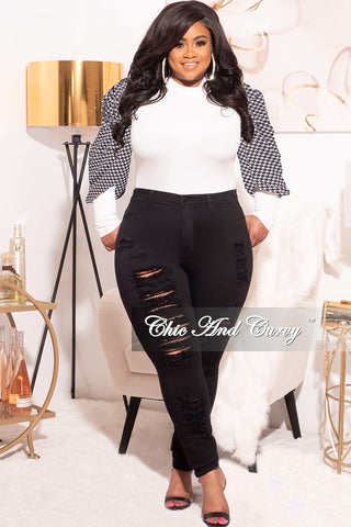 Final Sale Plus Size Ribbed Ruffled Peasant Sleeves Top in Off White with Checkered sleeves