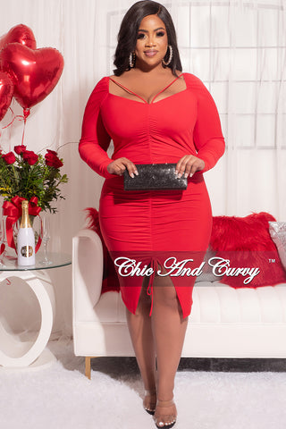 Final Sale Plus Size Long Sleeve Cutout Ruched BodyCon Dress with Front Slit in Red