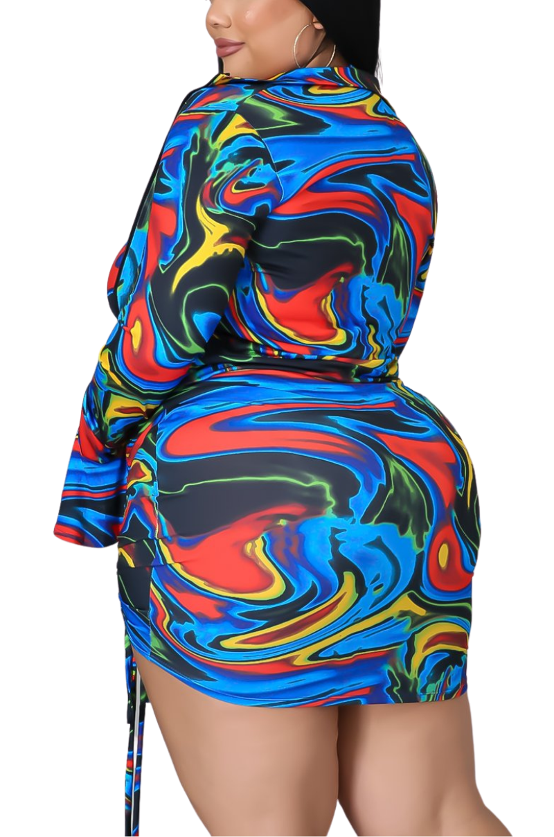 Final Sale Plus Size 3pc Set Bikini Top Poolside Playsuit with Jacket in Blue Multi-Color Print