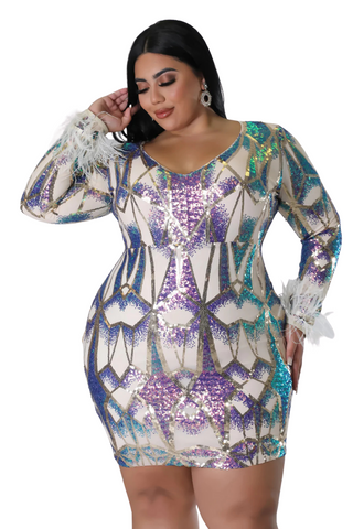 Final Sale Plus Size Dress in Beige and Multi Color Sequin & Feather Cuffs