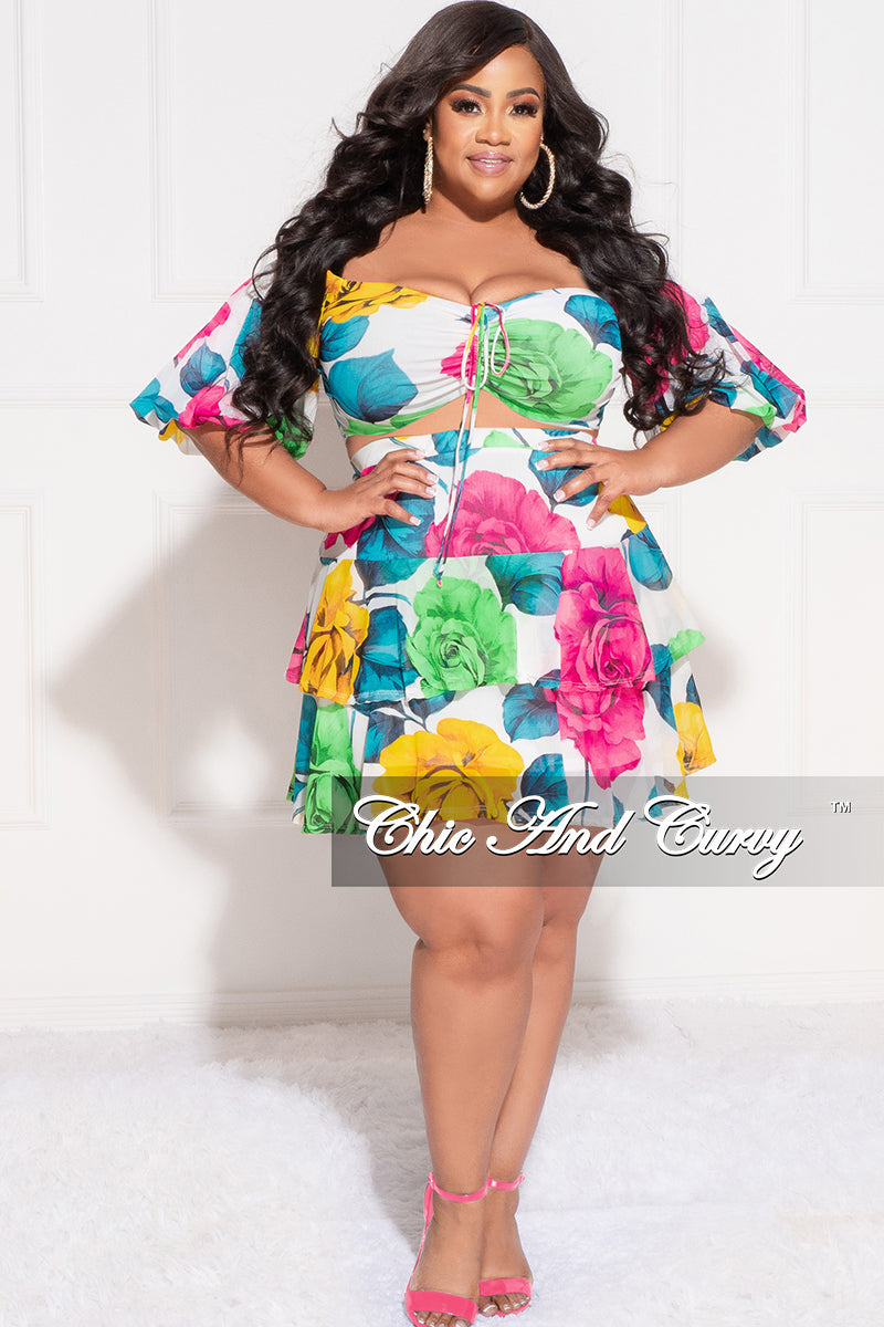 Final Sale Plus Size 2pc Drawstring Ruched Crop Top and Ruffle Skirt Set in White Multi Color Rose Print