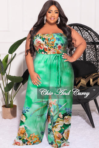 Final Sale Plus Size Jumpsuit with Tie Waist in Light Green Floral Print