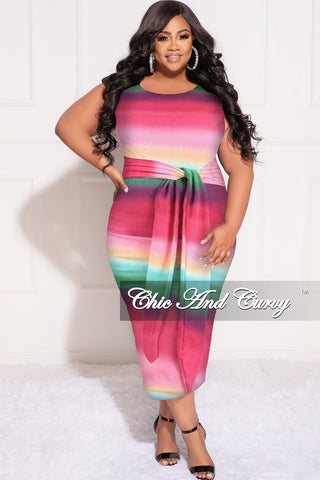 Final Sale Plus Size Light Ribbed Sleeveless Shoulder Pad Midi Dress with Waist Tie in Pink Multi-Color Print