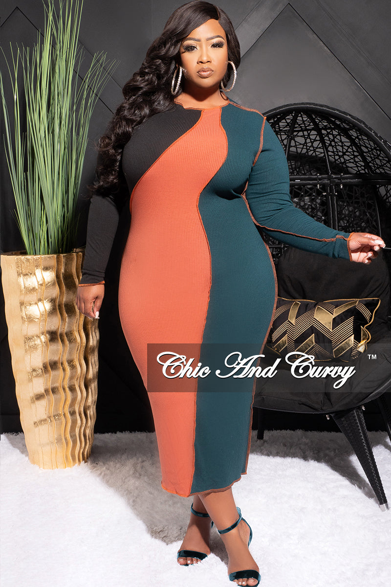 Final Sale Plus Size Ribbed BodyCon Colorblock Midi Dress with Outer Seams in Green and Orange