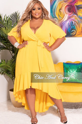 Final Sale Plus Size Faux Wrap High-Low Dress with Waist Tie in Yellow