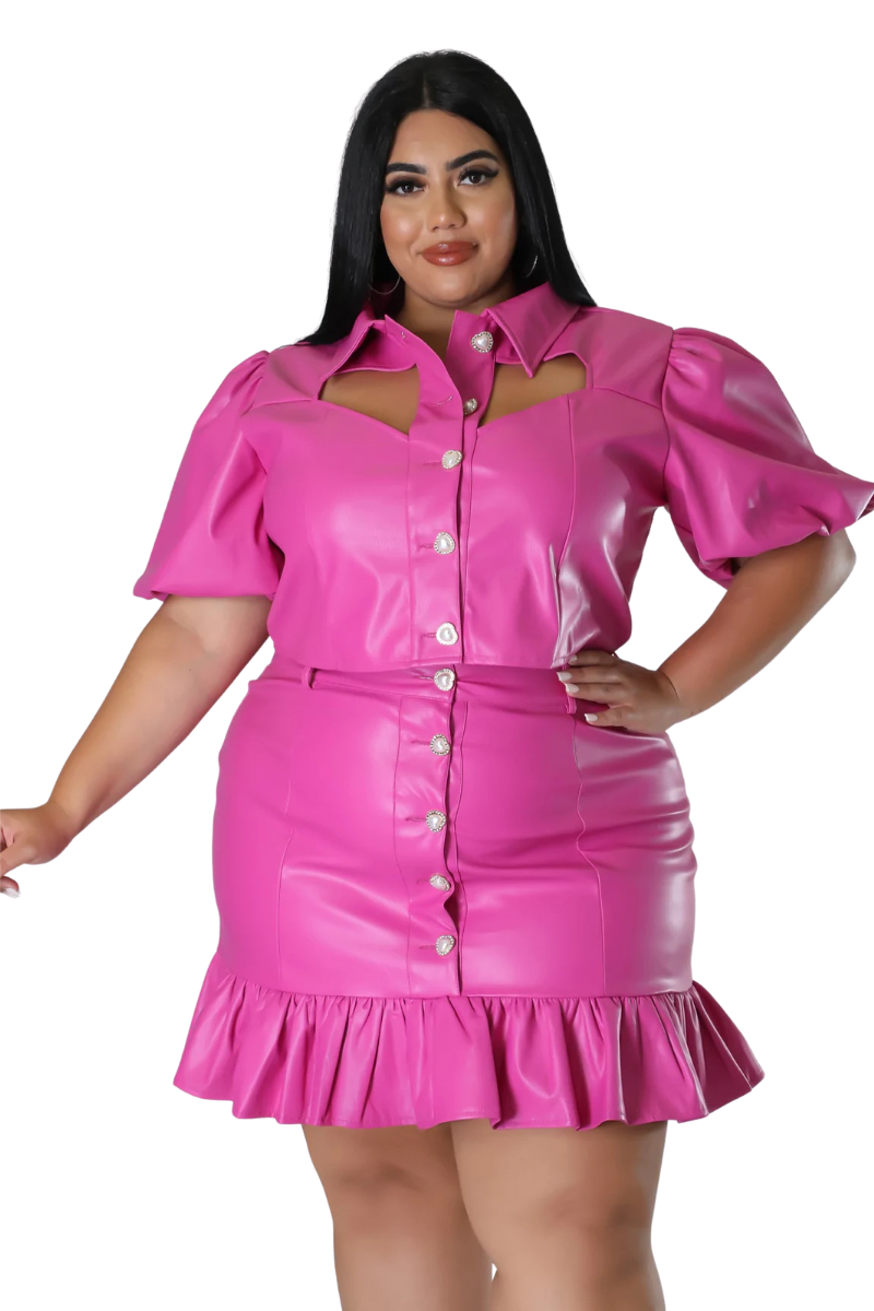 Final Sale Plus Size 2pc Collar Puffy Crown Sleeve Crop Top with Cutouts and Ruffle Skirt Set in Pink Vegan Leather