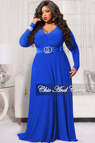 Final Sale Plus Size Long Sleeve Gown with V-Neck in Royal Blue