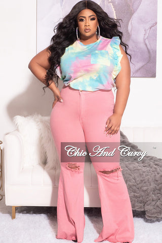 Final Sale Plus Size Wide Leg Denim Jeans with Distressed Knee in Pink