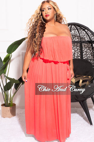 Final Sale Plus Size Strapless Ruffle Dress with Side Slit in Coral