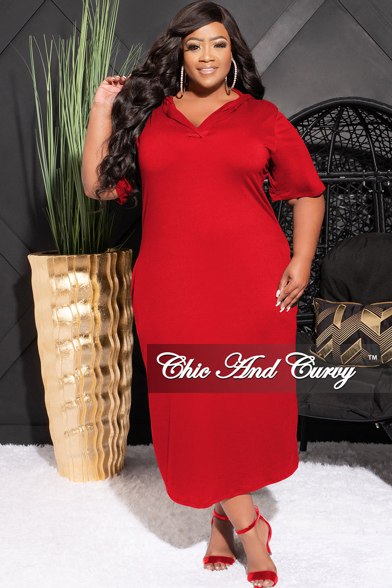 Final Sale Plus Size Hooded Midi Dress with Distress Back in Red