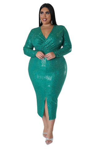 Available Online Only - Final Sale Plus Size Faux Sequin Faux Wrap Bodycon  Dress with Front Slit in Green