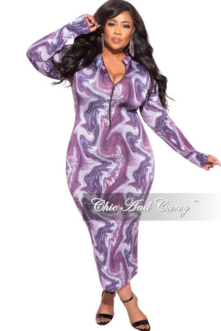 Final Sale Plus Size Reversible Bodycon Dress in Purple Abstract Print