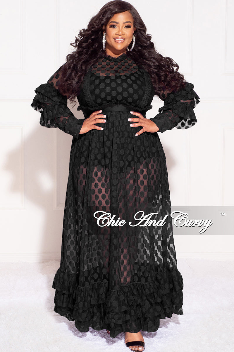 Final Sale Plus Size Polka Dot Sheer Maxi Dress with Ruffle Sleeves and Bottom in Black