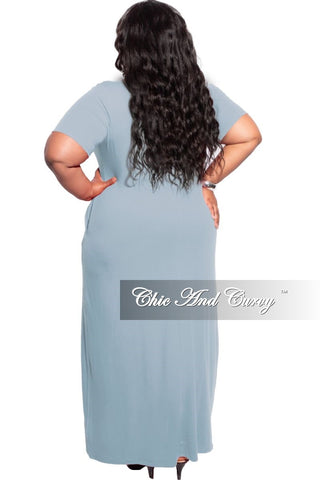 Final Sale Plus Size Short Sleeve Pocket Maxi Dress in Grey Blue