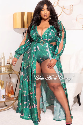 Final Sale Plus Size Playsuit with Open Back & Train in Green/Pink Palm Print