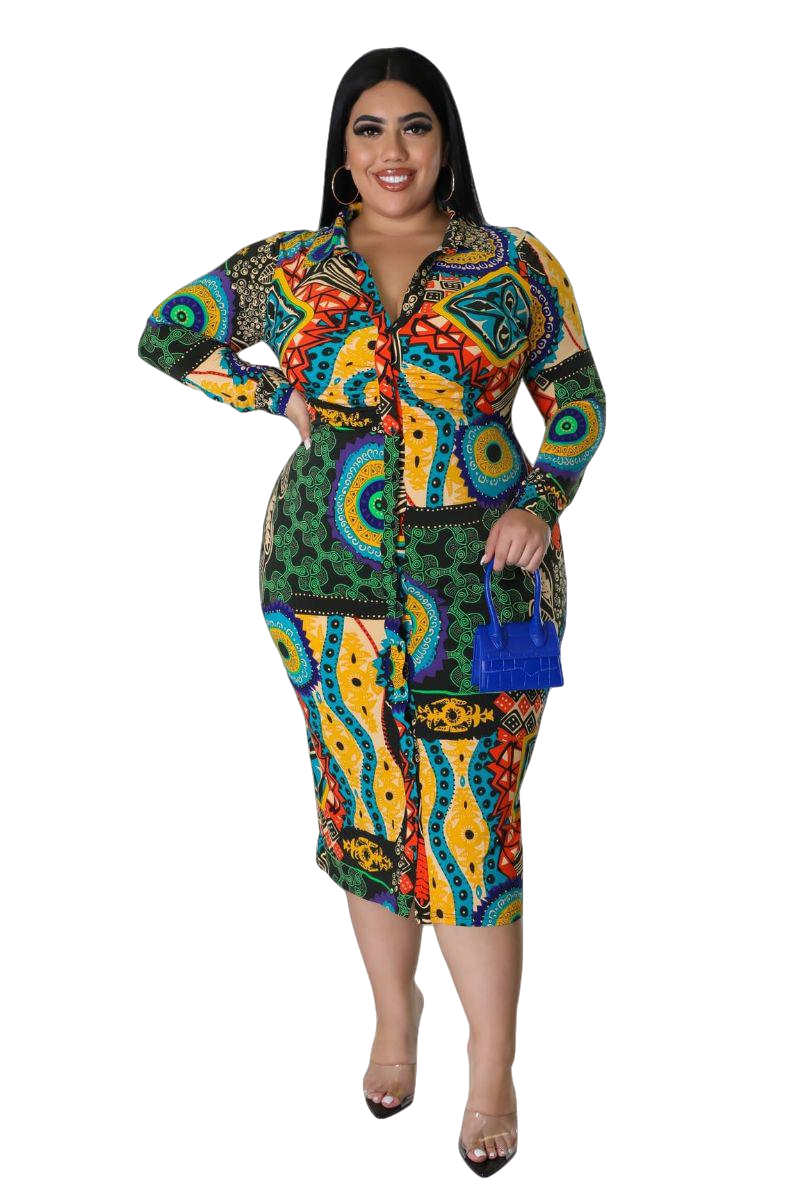 Final Sale Plus Size Collar Button Up BodyCon Dress in Multi Color Design Print