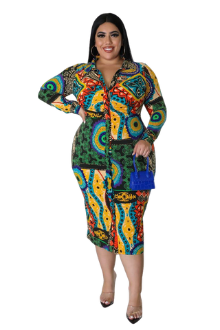 Final Sale Plus Size Collar Button Up BodyCon Dress in Multi Color Design Print