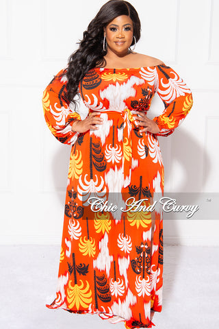 Final Sale Plus Size Off The Shoulder Dress with High Front split in Orange, Red, Yellow, Black & White
