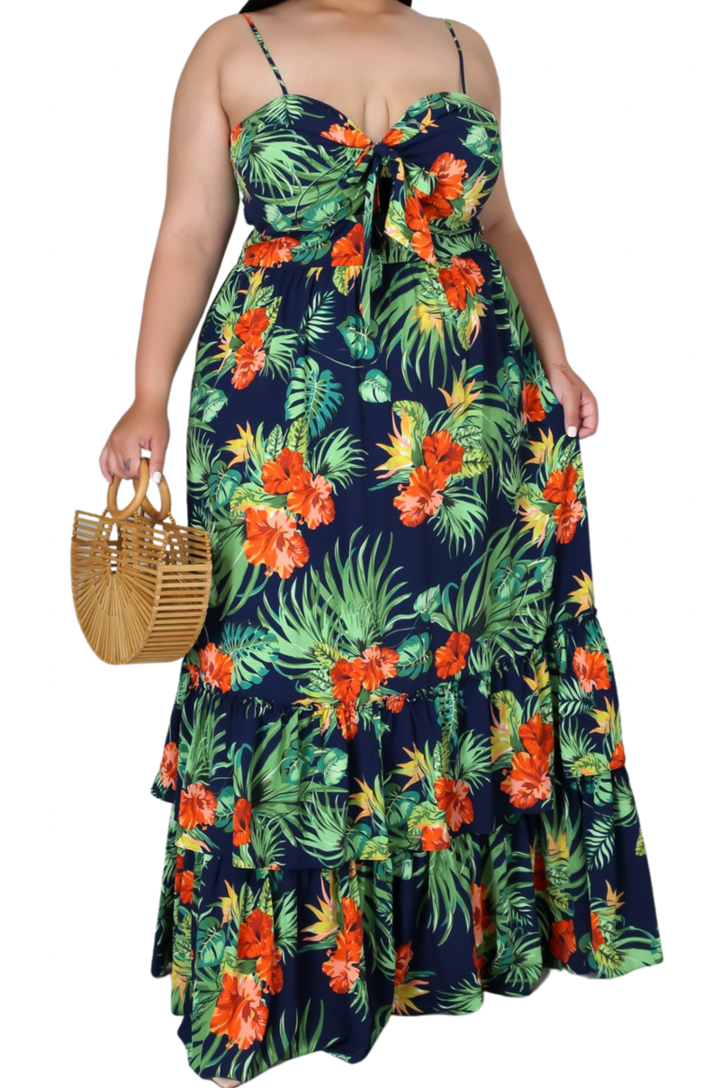 Final Sale Plus Size Tank Maxi Dress in Chiffon in Navy, Green & Orange Print Summer