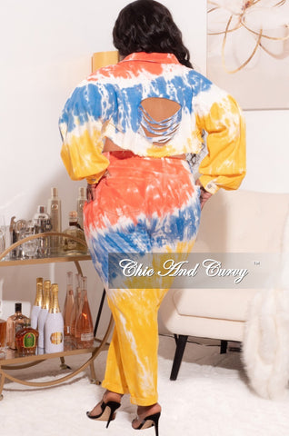 Final Sale Plus Size 2pc Set Distressed Denim Jacket & Pants in Mustard, Blue, & Orange Tie Dye