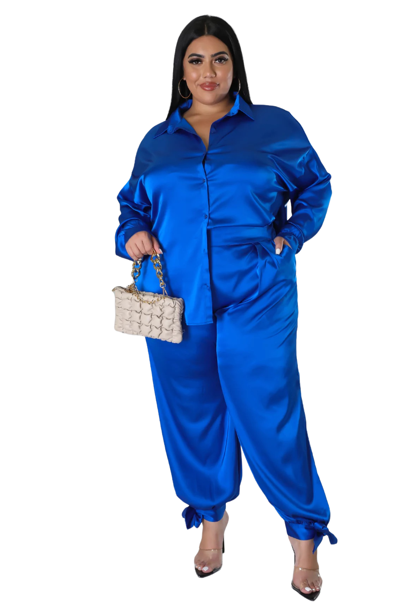 Final Sale Plus Size Satin 3pc Set (Collar Top, Tube Bra and High Waist  Pants) in Royal Blue