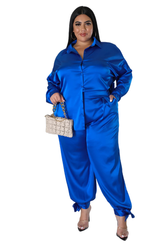 Final Sale Plus Size Satin 3pc Set (Collar Top, Tube Bra and High Waist Pants) in Royal Blue