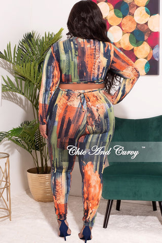 Final Sale Plus Size 2pc Long Sleeve Criss-Cross Front Cutout Top and High Waist Legging Set in Navy Green and Orange Fall