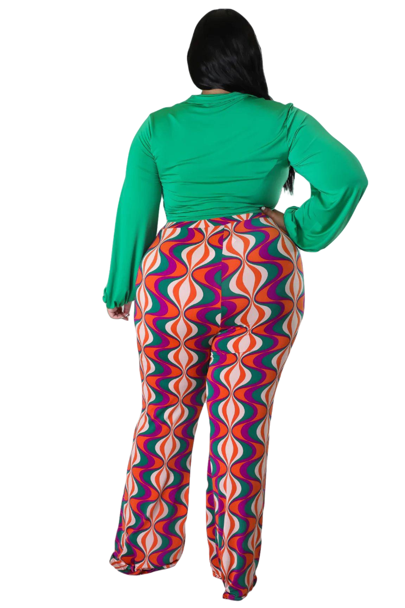 Final Sale Plus Size 2pc Long Sleeve Faux Wrap Collar Green Crop Tie Top and Pants in Green Multi Color