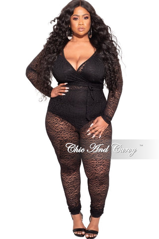 Final Sale Plus Size Long Sleeve Faux Wrap Jumpsuit with Attached Tie in Black Lace