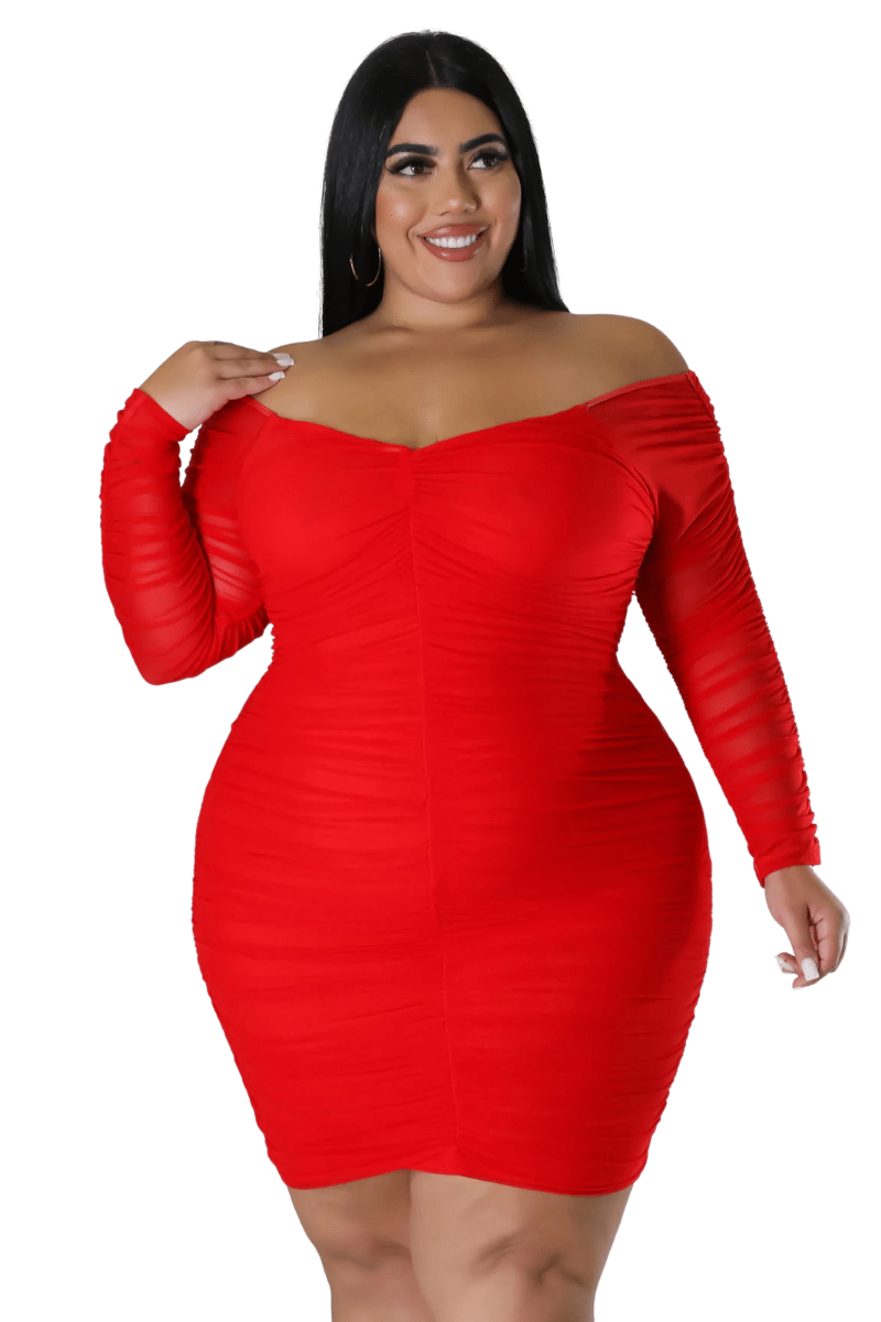 Final Sale Plus Size Ruched Off The Shoulder Mini Dress in Red – Chic And  Curvy
