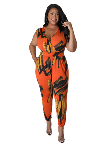 Final Sale Plus Size Sleeveless Faux Wrap Jumpsuit in Orange Multi-Color Print