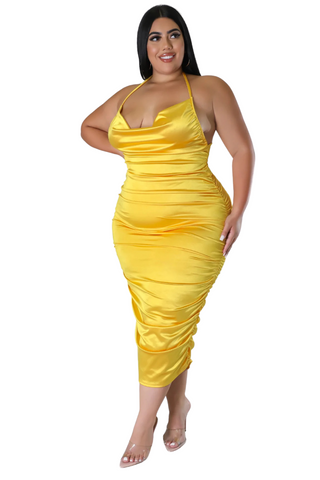 Final Sale Plus Size Halter BodyCon Satin Dress in Yellow