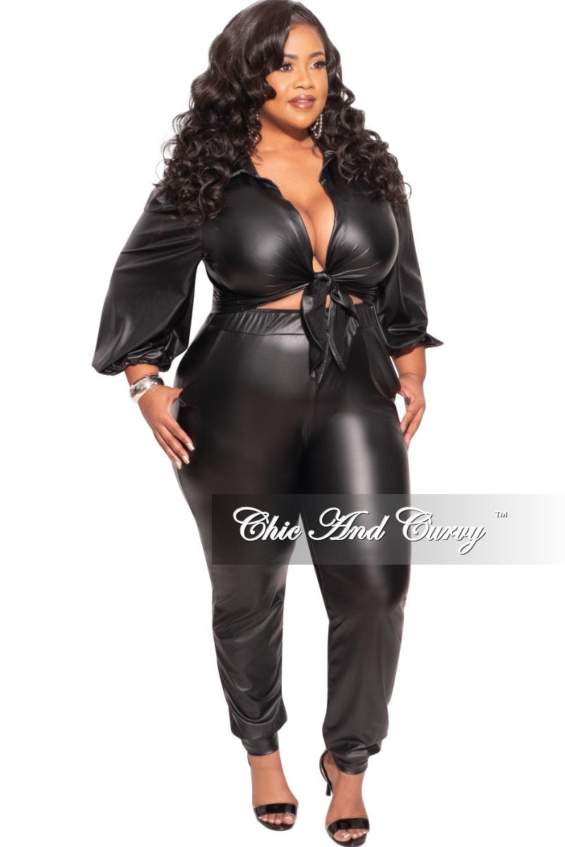 Final Sales Plus Size 2-Piece Faux Leather Balloon Sleeve Tie Top and Pants Set in Black