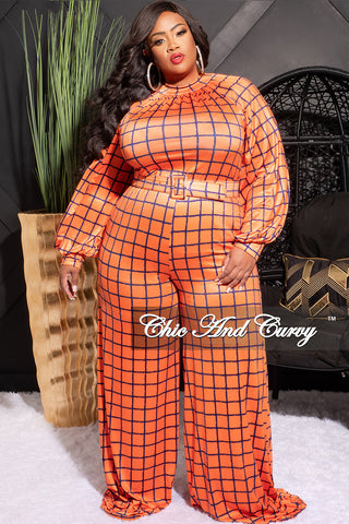 Final Sale Plus Size Mock Neck Belted Jumpsuit in Orange and Blue Checker Print