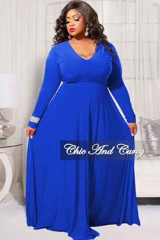 Final Sale Plus Size Long Sleeve Gown with V-Neck in Royal Blue