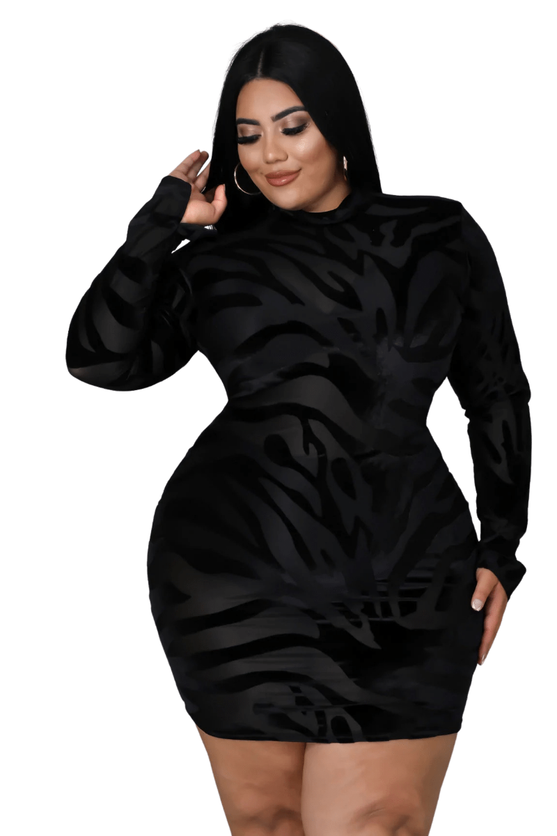 Final Sale Plus Size See-Thru Velvet Dress in Black Zebra Print