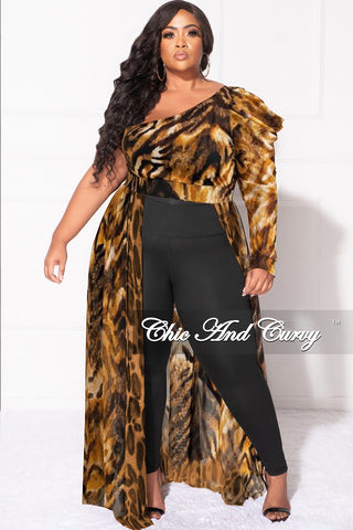 Final Sale Plus Size One Shoulder Mesh Top with Train in Tiger Print
