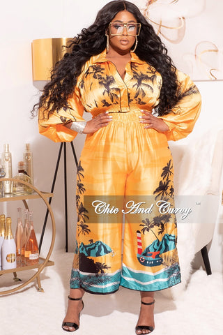 Final Sale Plus Size 2pc Satin Set with Crop Top and Culottes Pants in Mustard Palm Print