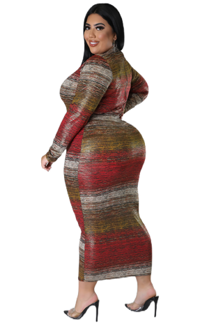 Final Sale Plus Size Reversible Long Sleeve BodyCon Dress in Red Brown and Ivory Print