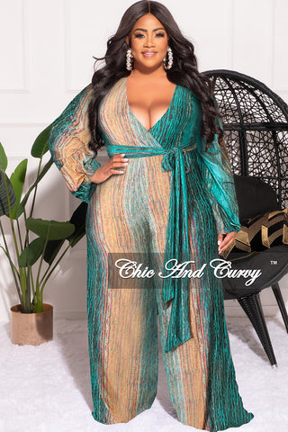 Final Sale Plus Size Deep V Jumpsuit with Tie in Teal and Peach