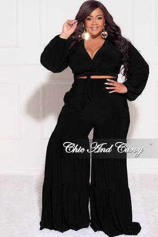 Final Sale Plus Size 2pc Long Sleeve Crop Tie Top and 3-Layer Pants Set in Black