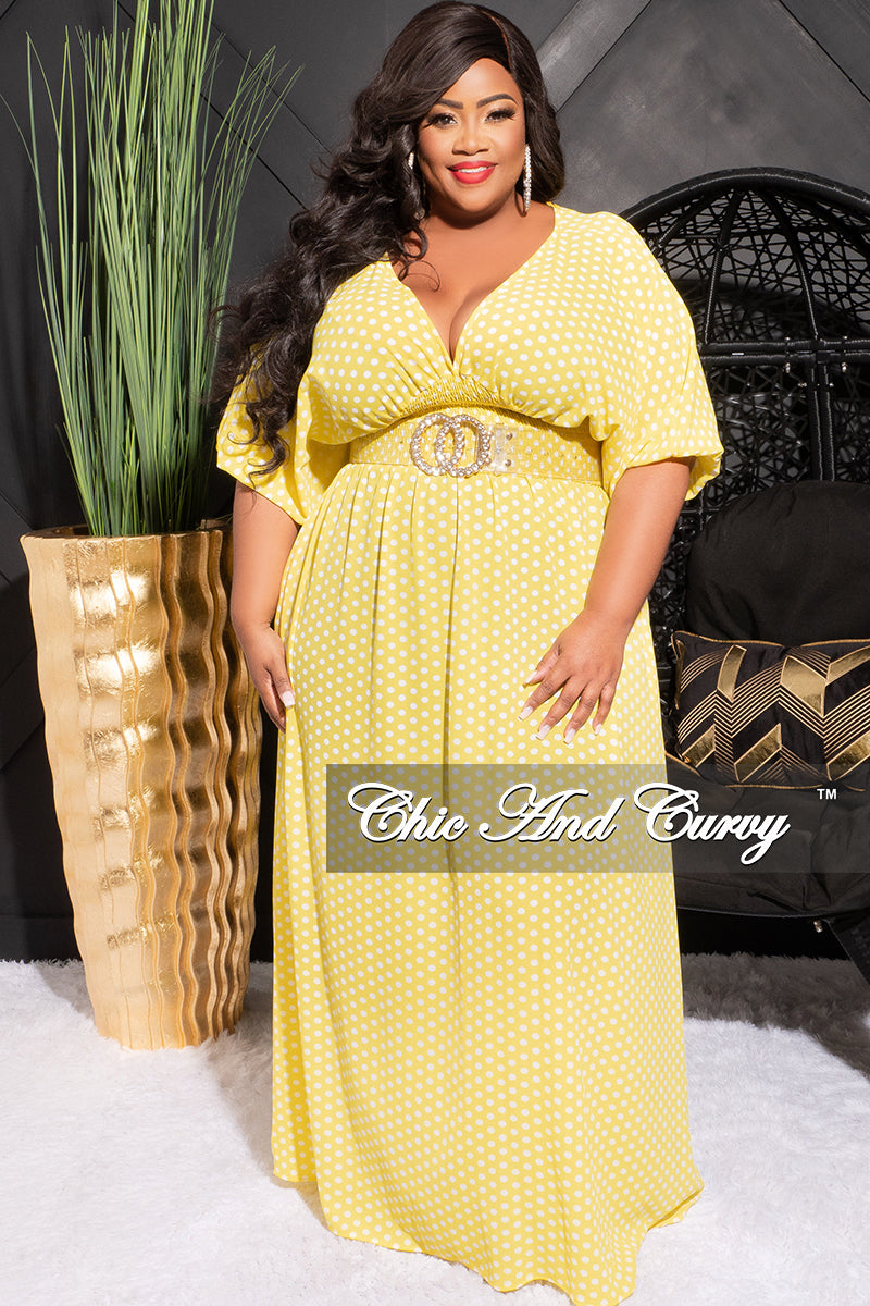 Final Sale Plus Size Deep V Dress in Yellow and White Polka Dot