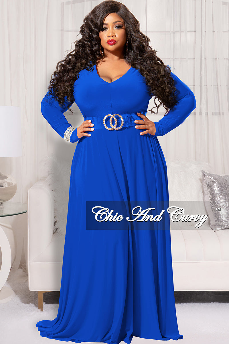 Final Sale Plus Size Long Sleeve Gown with V-Neck in Royal Blue